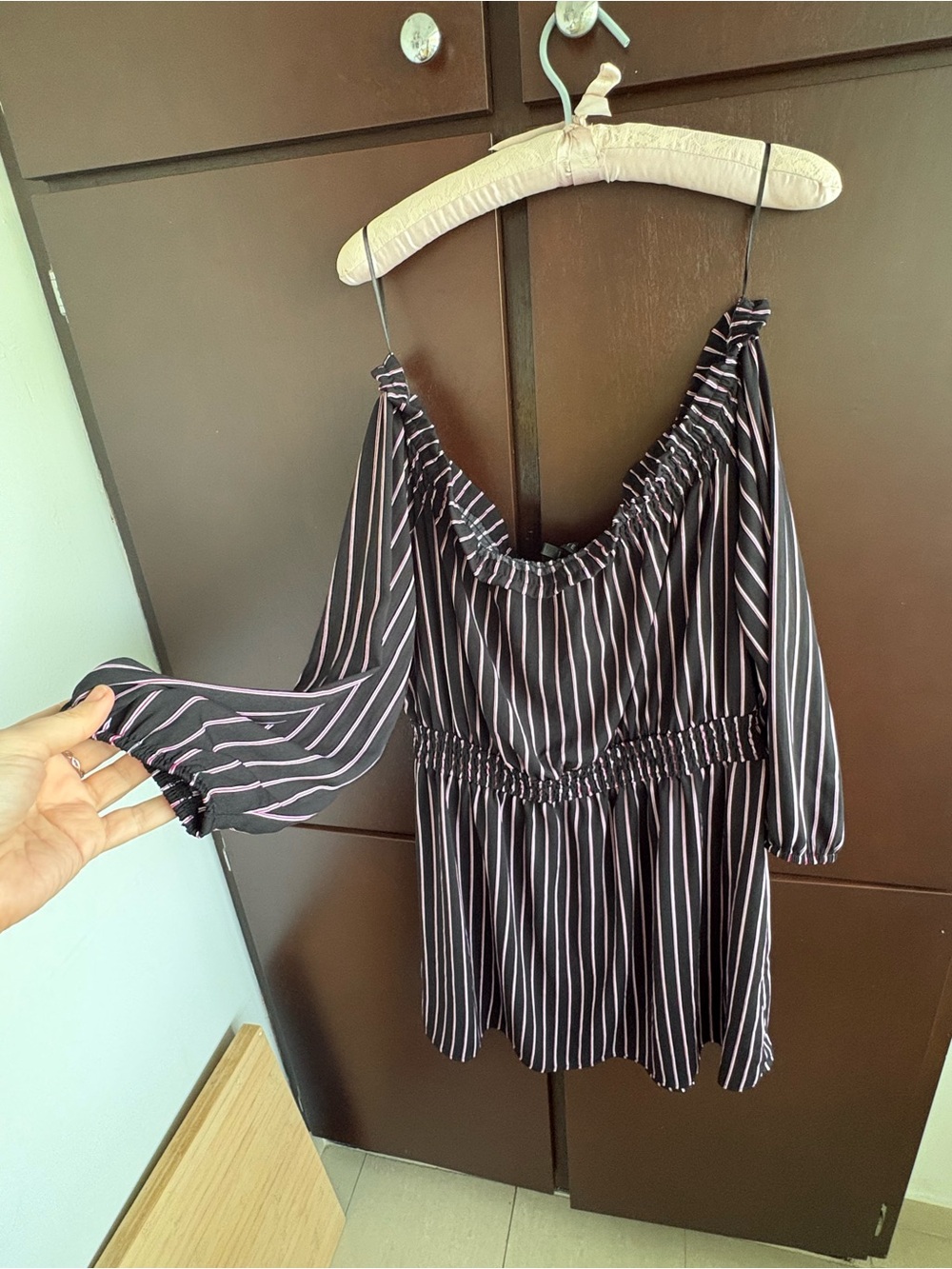 Dynamite Black Off-Shoulder pinstripe dress size XL with cinched waist